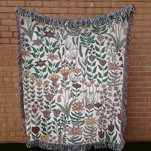 Floral Illustration Throw Blanket: Woven Cotton Bedspread