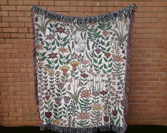 Floral Illustration Throw Blanket: Woven Cotton Bedspread