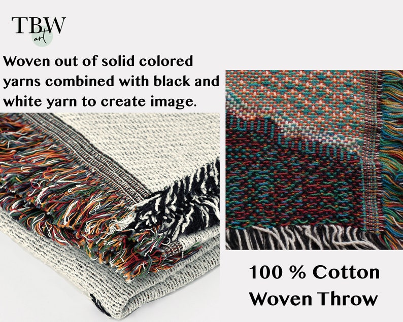 May include: A woven throw blanket made of 100% cotton. The blanket is woven with a variety of colors, including black, white, red, orange, yellow, green, blue, and purple. The blanket has a fringe border.