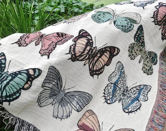 Manta de mariposas, manta de mariposas, manta de insectos, manta botánica, manta tejida bonita, manta tejida de algodón con arte