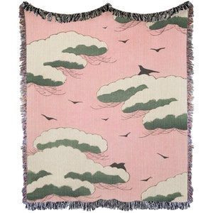 Vintage Art Woven Blanket, Japandi Decor, Vintage Japanese Art Throw, Pink Sky Throw Blanket, Large Woven Blanket, Cozy Room Decor