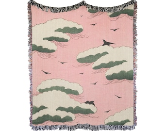 Vintage Japanese Art Woven Blanket: Pink Sky Throw, Japandi Decor