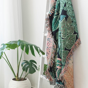 Botanical Throw Blanket, Botanical Tapestry, Plants Blanket, Leaves Blanket, Cute Summer Bedspread, Woven Throw, Cute Picnic Blanket image 3
