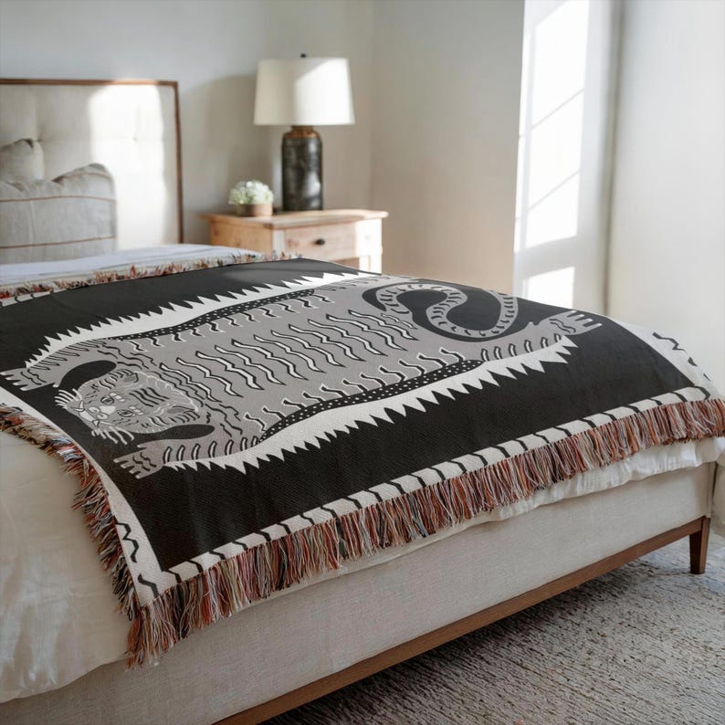 Tiger Tapestry: Black & White Cotton Woven Wall Hanging image 2