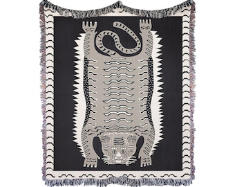Tiger Tapestry: Black & White Cotton Woven Wall Hanging