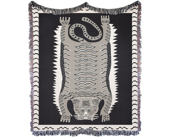 Tiger Tapestry: Black & White Cotton Woven Wall Hanging