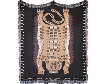 Tibetan Tiger Throw Blanket: Woven Cotton Folk Art Decor