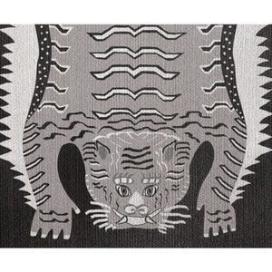 May include: A black and white illustration of a tiger with a fierce expression. The tiger is depicted in a stylized, geometric pattern.