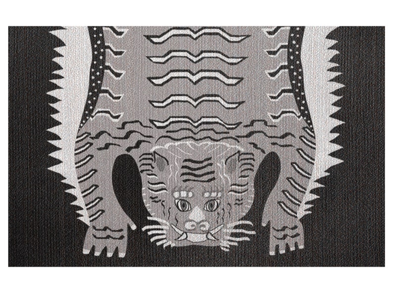 May include: A black and white illustration of a tiger with a fierce expression. The tiger is depicted in a stylized, geometric pattern.