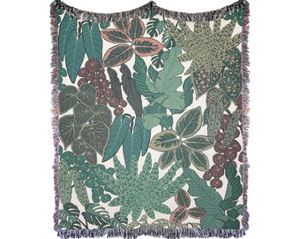 Plant Throw Blanket, Plant Mom Gift, Plant Lover Gift, Tropical Tapestry, Jungle Blanket, Tropical Leaves Blanket, Botanical Illustration