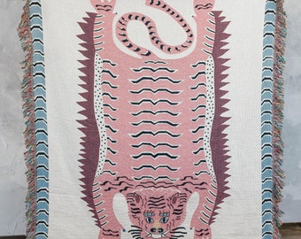 Pink Tiger Throw Blanket | Art Woven Blanket | Tiger Folk Art Decor | Tiger Tapestry | Cute Woven Blanket | Bohemian Throw | Tibetan Tiger