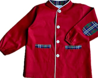 Blouse tablier d’école bleu Augustin rouge personnalisé