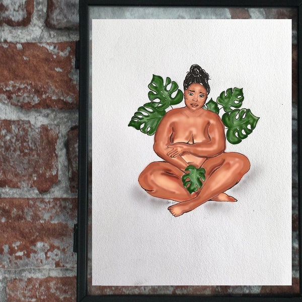 Body Positive Plant Art Print | Black Woman | Monstera | Plus Size | Fat Feminist | Self Love | Gift