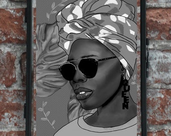 Black & Grey Artwork of Black Woman with Head Wrap and Sunglasses | Gallery Wall | Wall Art | Home Decor
