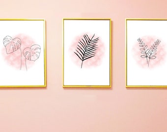 Plant Line Drawings | Blush Pink | Set of 3 Tropical Botanical | Gallery Wall | Wall Art | Home Decor | Monstera | Palm | Fern