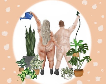 Impression d'art végétal positif pour le corps | couple arrosant des plantes nu | Grande taille | Grosse féministe | Amour de soi | Cadeau