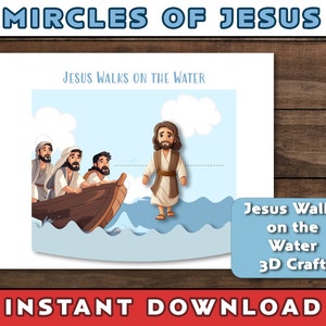 Puede incluir: Una manualidad 3D imprimible para niños que representa a Jesús caminando sobre el agua. La manualidad incluye un barco con tres personas en él y Jesús caminando sobre el agua. El texto "Jesus Walks on the Water 3D Craft" también está incluido.