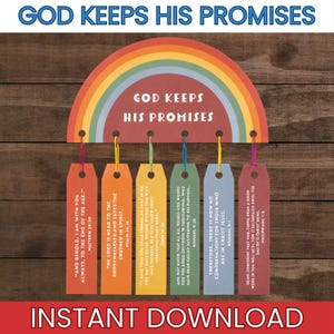May include: A colorful rainbow-shaped wall art with the text "GOD KEEPS HIS PROMISES." Below the rainbow are six colorful tags with Bible verses. The words "INSTANT DOWNLOAD" are at the bottom.