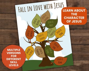 Op de afbeelding: Een printbare educatieve poster getiteld Fall in Love with Jesus met een bruine boom met kleurrijke herfstbladeren. Elk blad bevat tekst zoals Jesus is Loving, Jesus is Holy, Jesus is Faithful, Jesus is Strong en Jesus is Kind.