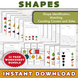 May include: A bundle of 22-page worksheets for shape identification, matching, and counting corners and sides. The worksheets feature various shapes like ovals, rectangles, and diamonds, with the word "Shapes" on the pages. The text "INSTANT DOWNLOAD" is also visible.
