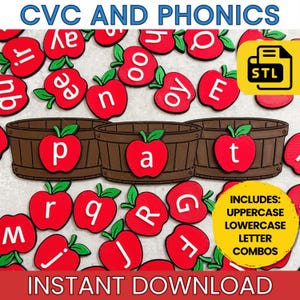 Könnte beinhalten: Eine Sammlung roter apfelförmiger Spielsteine mit weißen Buchstaben, angeordnet um drei braune Körbe in Holzoptik. Das Bild enthält den Text CVC AND PHONICS, STL und INCLUDES: UPPERCASE LOWERCASE LETTER COMBOS INSTANT DOWNLOAD.