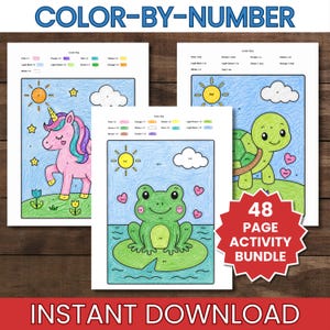 May include: Three color-by-number activity sheets featuring a unicorn, frog, and turtle. The sheets have a color key and are labeled "Color-By-Number". A red starburst graphic reads "48 Page Activity Bundle". The bottom reads "Instant Download".