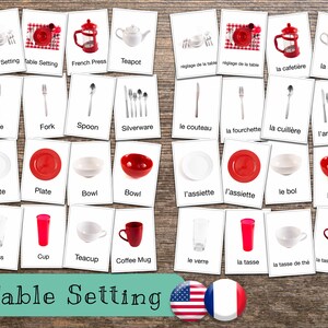 Cartes éclair éducatives sur la vaisselle - Apprentissage de l'anglais et du français - PDF imprimable - Cartes éclair bilingues pour le service de table - Montessori