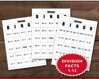 Gra w bingo dzielone: Wydrukuj i graj z 30 wyjątkowymi kartami (Fakty dotyczące dzielenia 1-12)