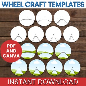 May include: A collection of circular craft templates featuring a central dot and various cut-out shapes. The top row shows plain white circles, while the bottom rows display circles with a landscape graphic of green hills, blue sky, and clouds.