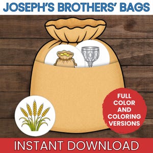 Op de afbeelding: Een illustratie van een beige zak met het label JOSEPH'S BROTHERS' BAGS met ronde penningen met afbeeldingen van een klein buideltje, een zilveren kelk en korenaren. Een rode cirkel vermeldt FULL COLOR AND COLORING VERSIONS en INSTANT DOWNLOAD.