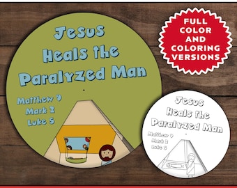 Puede incluir: Dos ilustraciones circulares con el texto "Jesús cura al paralítico" y referencias bíblicas. Una es en color, la otra en blanco y negro. También se ven las palabras "Milagros de Jesús" y "Descarga instantánea".