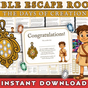 May include: A printable Bible escape room game for children about the days of creation. The game includes a certificate of completion, a colourful illustration of a boy, and a gold pendant with gems.