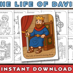 May include: A black and white coloring book with illustrations of the life of David, a biblical figure. The book includes scenes of David as a shepherd, a soldier, and a king. The title of the book is "The Life of David Coloring Book".