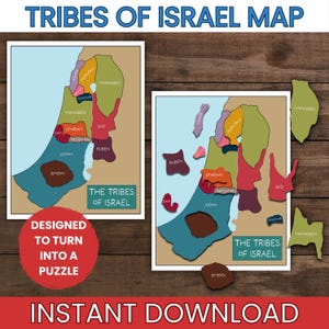 Puede incluir: Un rompecabezas de mapa de las Tribus de Israel con regiones geográficas coloridas y etiquetadas. Una versión muestra el mapa completo, mientras que la otra muestra piezas de rompecabezas dispersas. El texto dice The Tribes of Israel.
