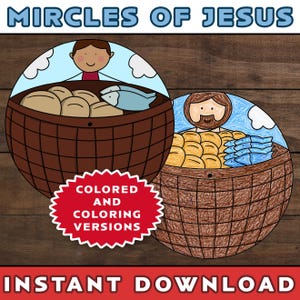 Peut inclure: Illustration de deux paniers remplis de pain et de poisson, avec une personne en arrière-plan. Le texte en haut indique "Miracles of Jesus". Une étoile rouge dit "Versions colorées et à colorier". Le texte en bas dit "Téléchargement instantané."