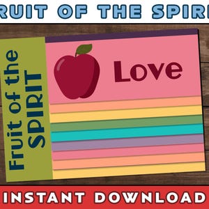 Puede incluir: Una tarjeta imprimible con una manzana roja y el texto "Fruit of the Spirit" y "Love" sobre un fondo rosa con rayas de arcoíris.