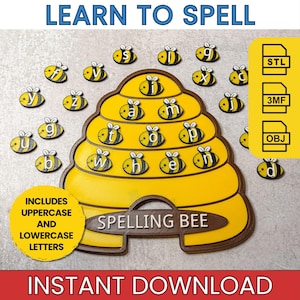 May include: A yellow beehive-shaped spelling board with the text "LEARN TO SPELL" and "SPELLING BEE". It includes multiple small bee-shaped tokens featuring individual lowercase letters, with a yellow circle noting it includes uppercase and lowercase letters.