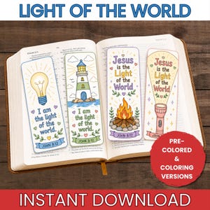 May include: Four rectangular bookmarks featuring illustrations of a lightbulb, a lighthouse, a campfire, and a flashlight. Each bookmark includes the text 'I am the light of the world' or 'Jesus is the Light of the World' and the citation 'JOHN 8:12'.