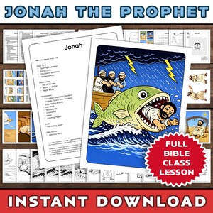 Pode incluir: Uma ilustração colorida mostra Jonas sendo engolido por um grande peixe verde, com um barco e figuras ao fundo. A imagem faz parte de uma lição de classe bíblica, com o texto "Jonas, o Profeta" no topo e "Download instantâneo" na parte inferior.