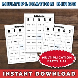 May include: Three multiplication bingo cards with a red and white starburst-shaped graphic that reads "Multiplication Facts 1-12". The cards have multiplication problems and the word "BINGO" at the top. The text "Instant Download" is at the bottom.