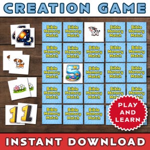 May include: A children's memory game with the text "CREATION GAME" at the top. The game includes illustrated cards with numbers, animals, and flowers, along with cards that say "Bible Memory Match". A red circle with the text "PLAY AND LEARN" is also included.