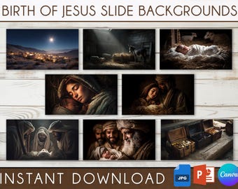 Achtergronden diavoorstelling Birth of Jesus Christ: kerststal Powerpoint bewerkbaar in canva (digitale download)