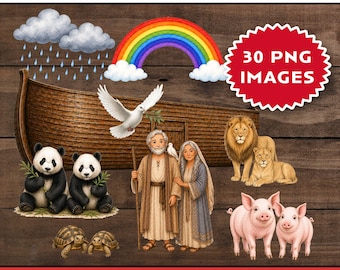 Zestaw clipartów Arka Noego | Zwierzęta biblijne, grafiki do szkółki niedzielnej (do natychmiastowego pobrania)