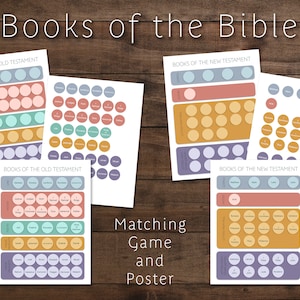 May include: A printable matching game and poster featuring the books of the Bible. The game includes circles with the names of the books of the Old and New Testaments. The poster has the books listed in order.
