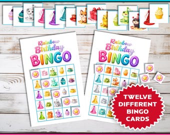Karty do bingo urodzinowego Rainbow: gra imprezowa do druku (do pobrania w wersji cyfrowej)