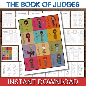 May include: A printable educational resource titled "THE BOOK OF JUDGES" with colorful illustrations of biblical figures. The image includes activity pages, mazes, and character depictions. The words "INSTANT DOWNLOAD" are also visible.