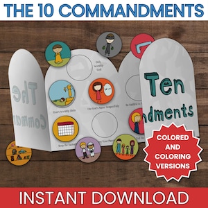 May include: A foldable paper craft titled The 10 Commandments featuring arched panels and circular illustrations. The design includes colourful cartoon icons representing religious themes, text labels, and a red starburst graphic with the text Coloured and Colouring Versions.