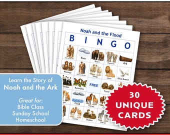 Gra bingo biblijne „Noe i Arka” | 30 wyjątkowych kart | Gra w szkółkę niedzielną | Aktywności biblijne dla dzieci | Chrześcijańska klasa do druku | PDF
