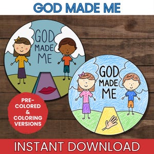 Puede incluir: Dos ilustraciones circulares con el texto GOD MADE ME. Una versión está coloreada con una niña y un niño en un paisaje, la otra es un dibujo de líneas en blanco y negro para colorear. Un círculo rojo incluye el texto PRE-COLORED & COLORING VERSIONS.
