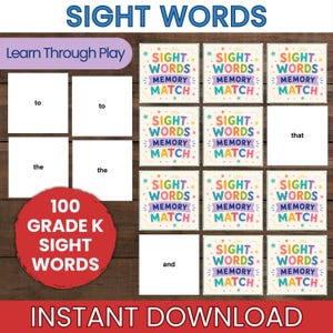 Può includere: Un set di carte di memoria stampabili con il testo SIGHT WORDS MEMORY MATCH in lettere colorate. Alcune carte mostrano singole parole come to, the, that, and, mentre altre mostrano il titolo del gioco. Un cerchio rosso indica 100 GRADE K SIGHT WORDS.